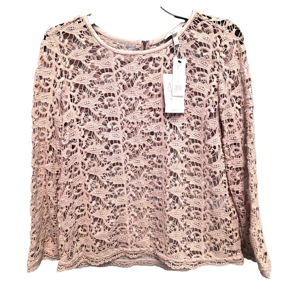 Joie NWT Size S Mushroom 100% Cotton Lace Top Shirt Leather Trim Zipper Back‎
